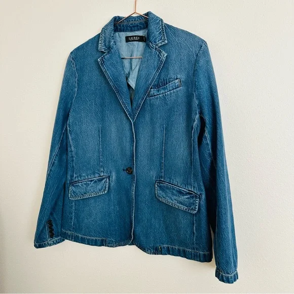 Ralph Lauren Casual Blue Cotton Denim One Button Notch Collar Blazer Jacket - Picture 14 of 16